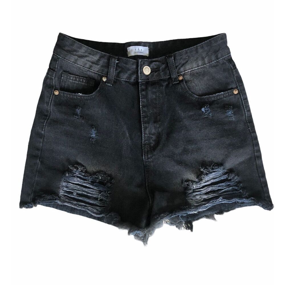 O&O High Waisted Jean Shorts Juniors‎ Large Denim Ripped Black